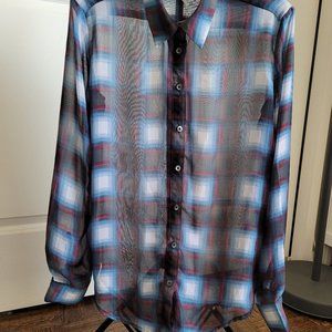Plaid Chiffon Shirt Blouse  Blue White  Burgandy